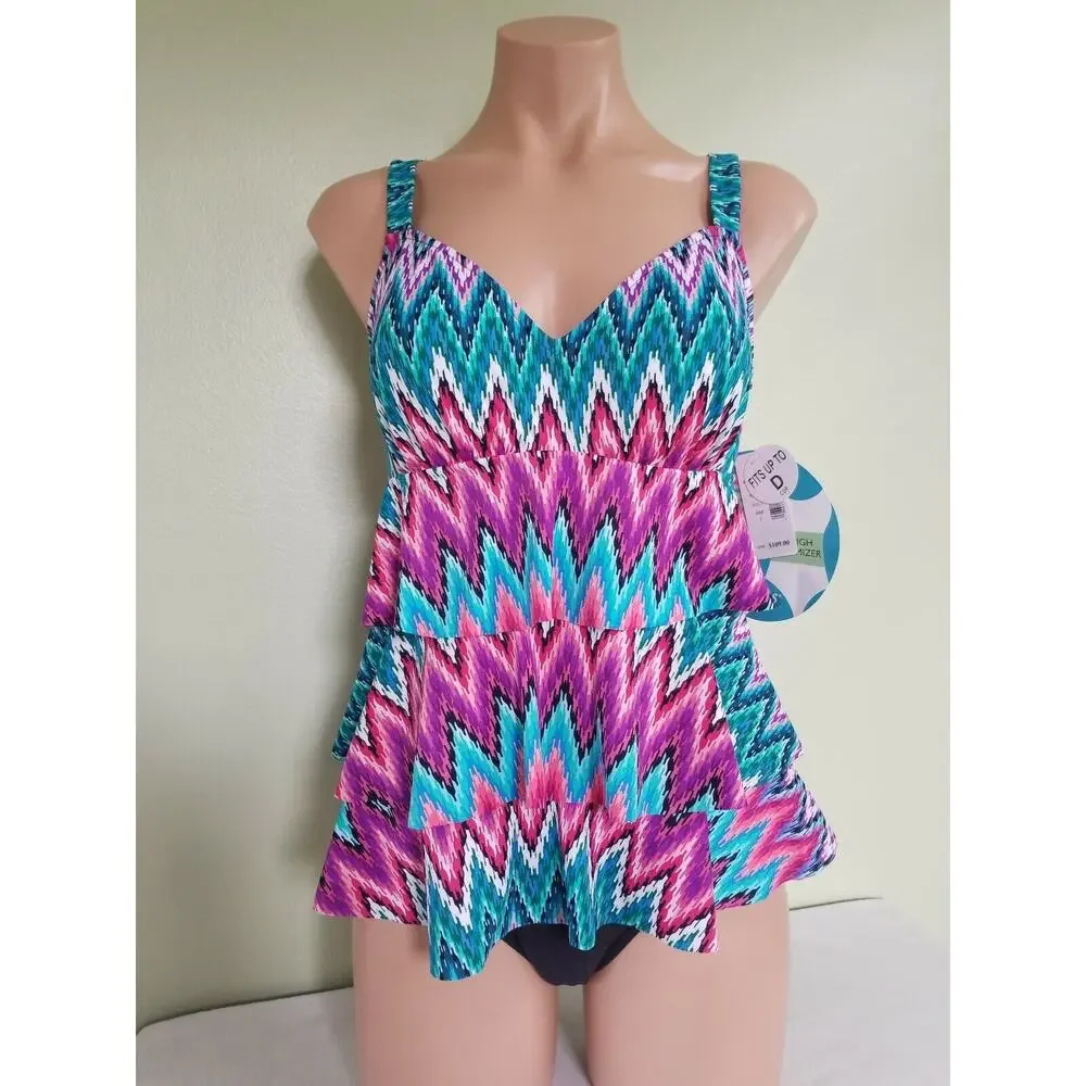 Swim Solutions Island Sunset Tummy-Control Tiered One-Piece Swimsuit  size 8 - Picture 3 of 6